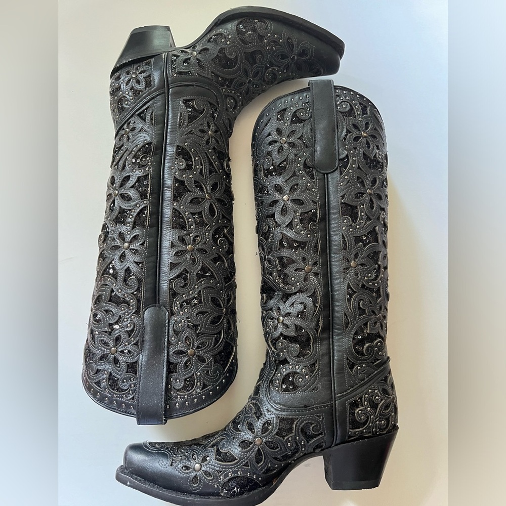 CORRAL Women's Black Full Inlay & Studs Tall Top Boot, Sz 8 1/2M (A3589-LD)